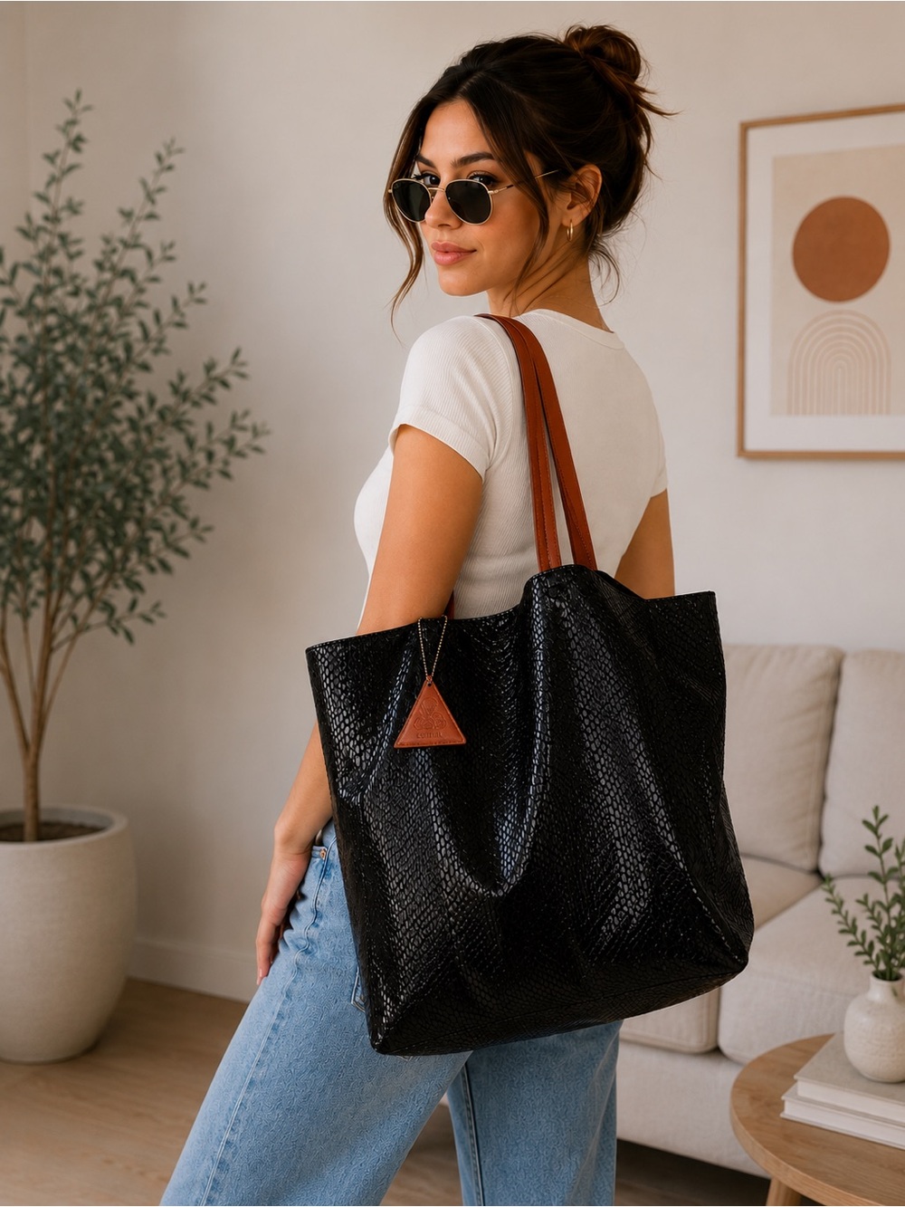 Sorial New York Black Snake-Embossed Tote Bag with Brown Handles
